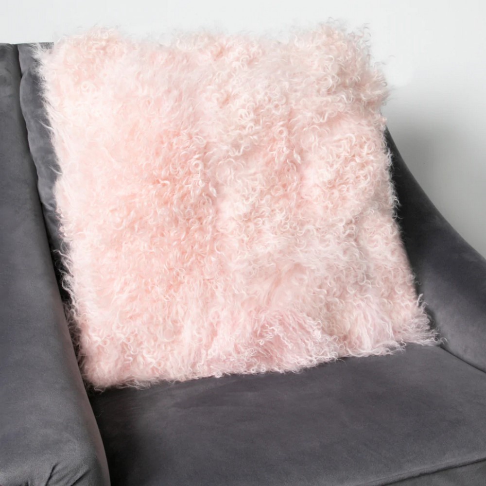 Heidi Curly Tibetan Sheepskin Cushion in Pink